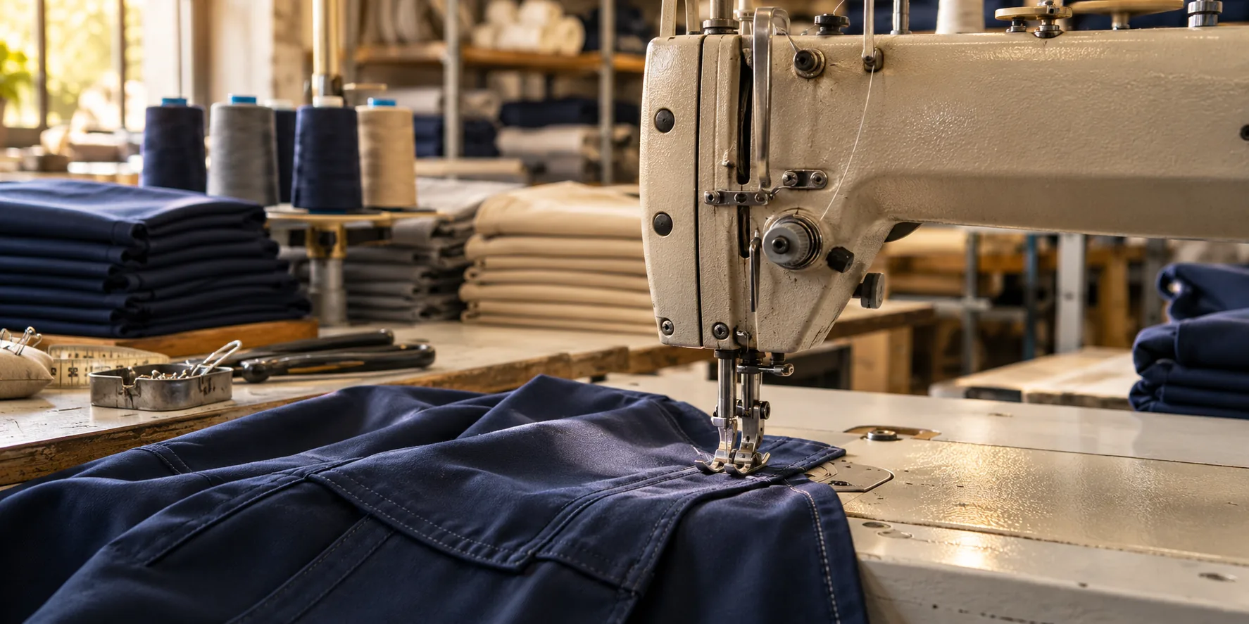 Máquina de coser trabajando sobre tela azul, imagen ilustrativa